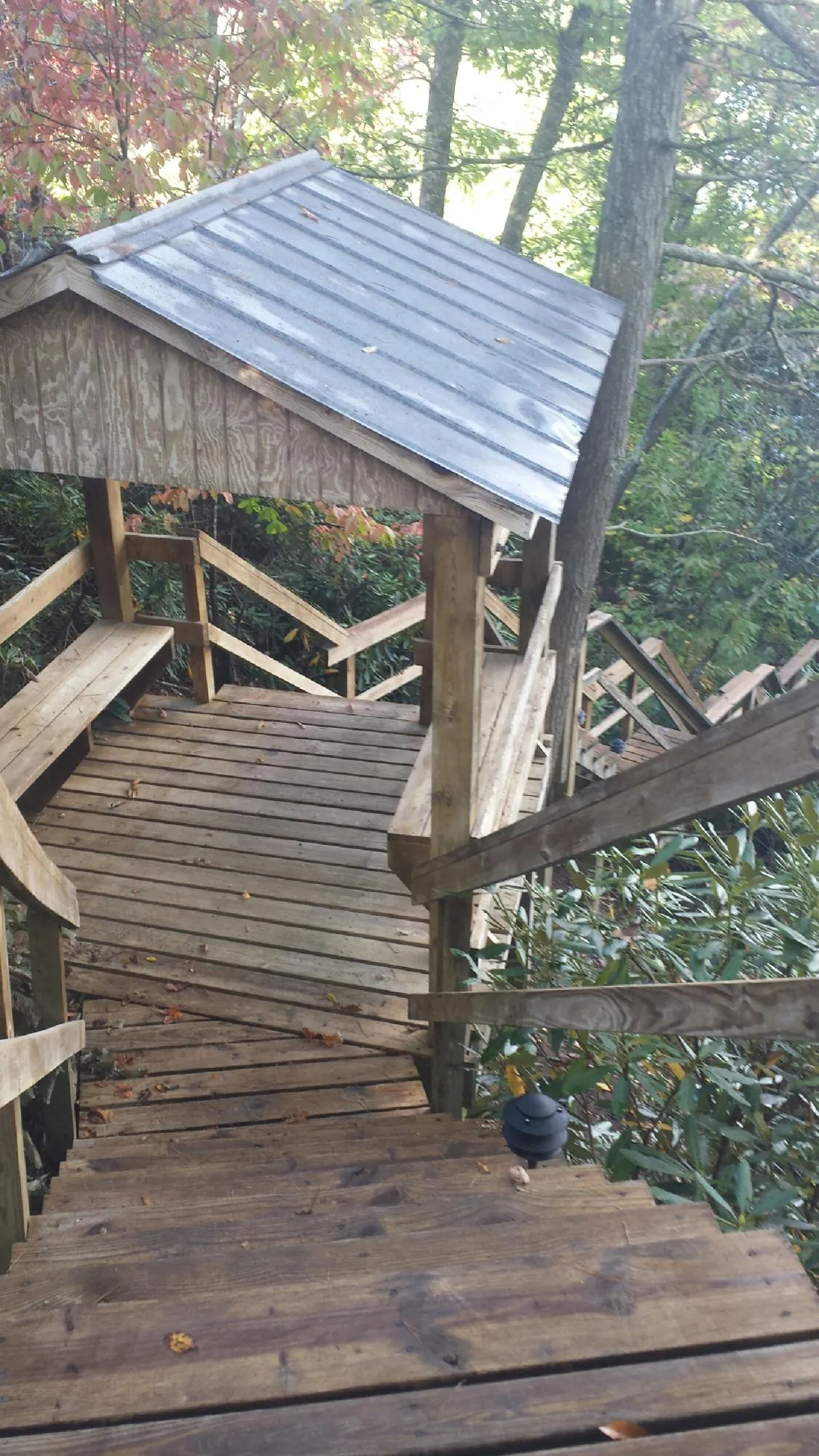 Metal roofed shelter over wooden steps on a wooded walkway — Skylight Repair & Installation work by our crew in Isleton